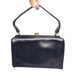 Vintage Elite Handbags MCM Navy Blue Leather Handbag with Metal Clasp